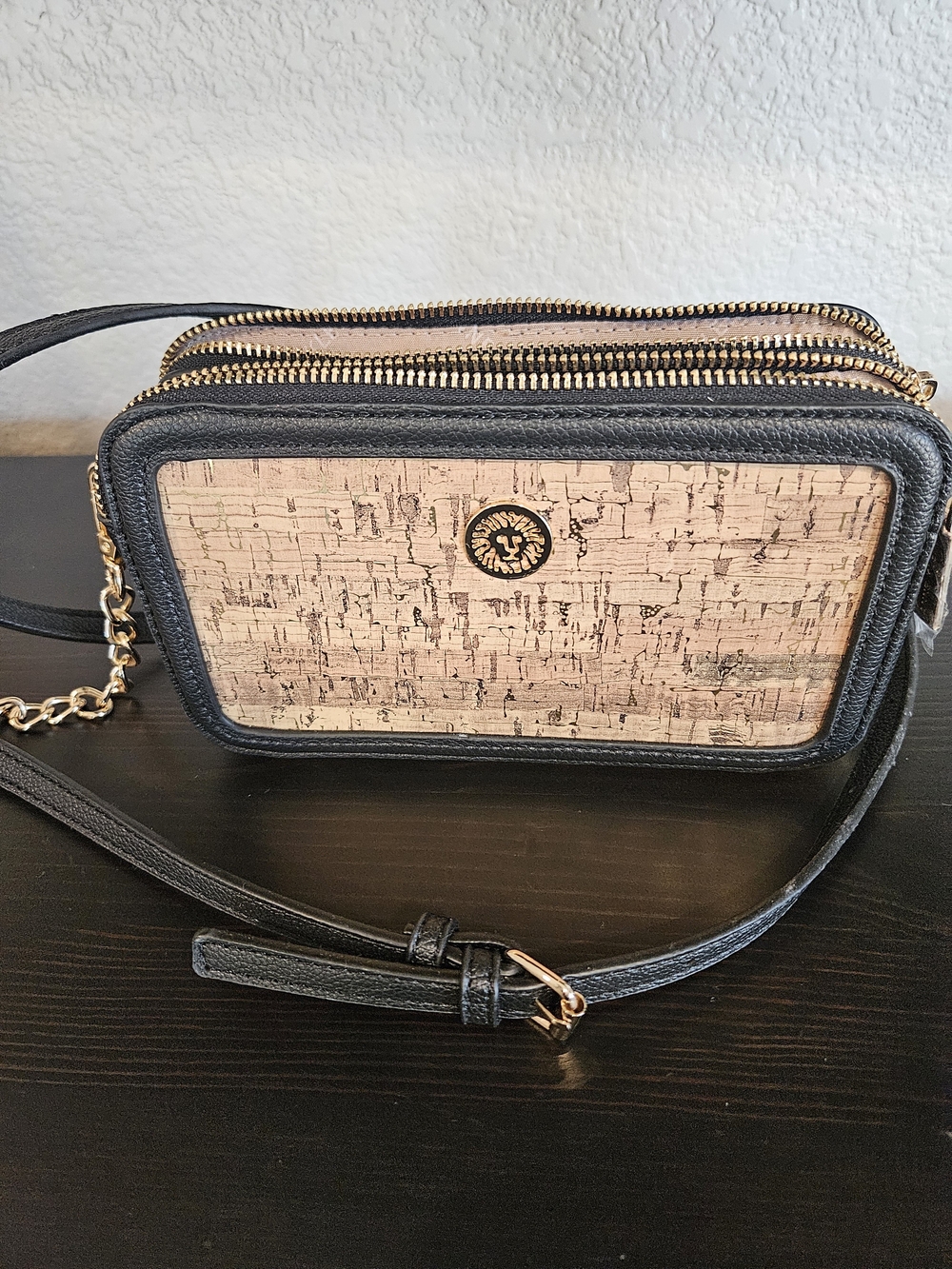 Anne Klein Black and Cork Crossbody Bag with Gold Accent. New!